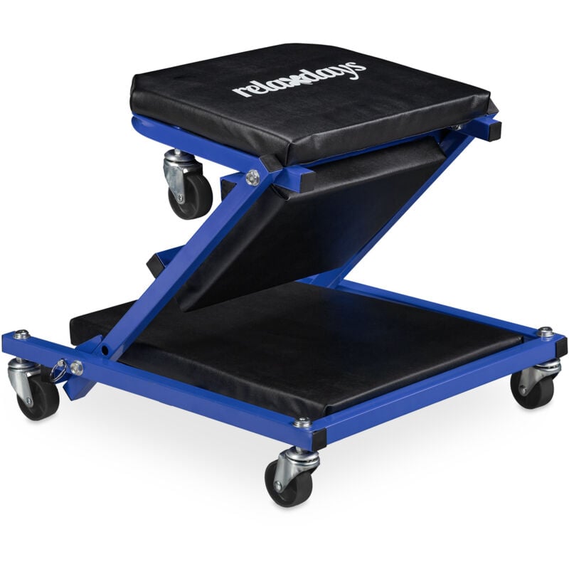 Tabouret d'atelier 2 en 1, chariot de mécanicien, pliable, roues pivotantes à 360°, garage, acier, noir/bleu - Relaxdays