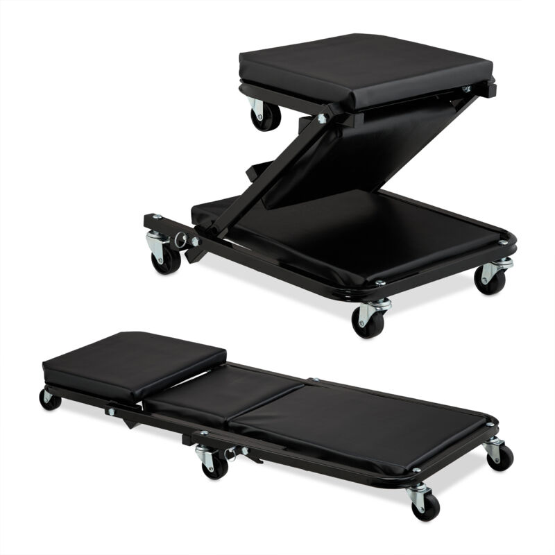 Tabouret d'atelier 2 en 1, chariot de mécanicien, roues pivotantes à 360°, siège garage, 150 kg, acier, noir - Relaxdays
