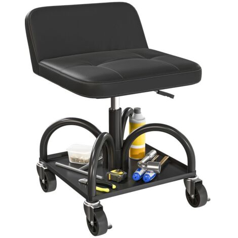 Tabouret d'atelier à roulettes avec plateau de rangement, hauteur 58,5 cm, charge maximale 135 kg, noir