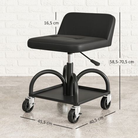 Tabouret d'atelier à roulettes, plateau rangement, hauteur 58,5 cm, charge 135 kg, noir
