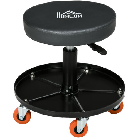 Tabouret d'Atelier avec Roulettes et Range-Outils, Hauteur Réglable et Pivotant, Ø40x25-48cm, Noir