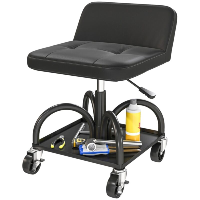 Tabouret d'atelier avec roulettes, étagère et soutien lombaire - Noir (45.5x40.5x58,5-70.5 cm / 135 kg) - Siège professionnel