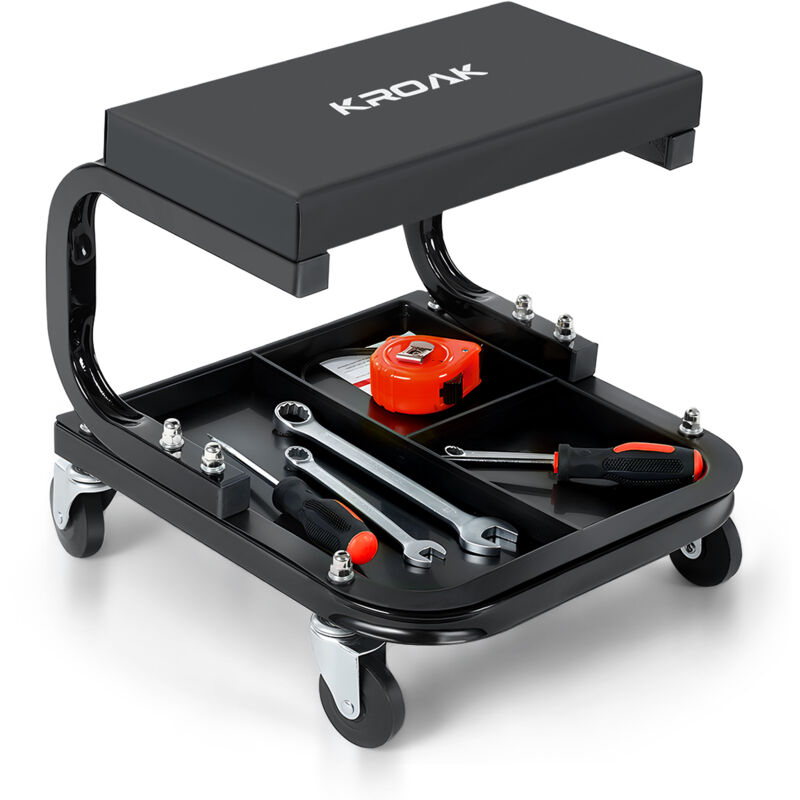 Tabouret d'Atelier Mobile 35x36x35cm Charge 120kg, Tabouret de mécanicien sur roulettes avec Plateau range outils