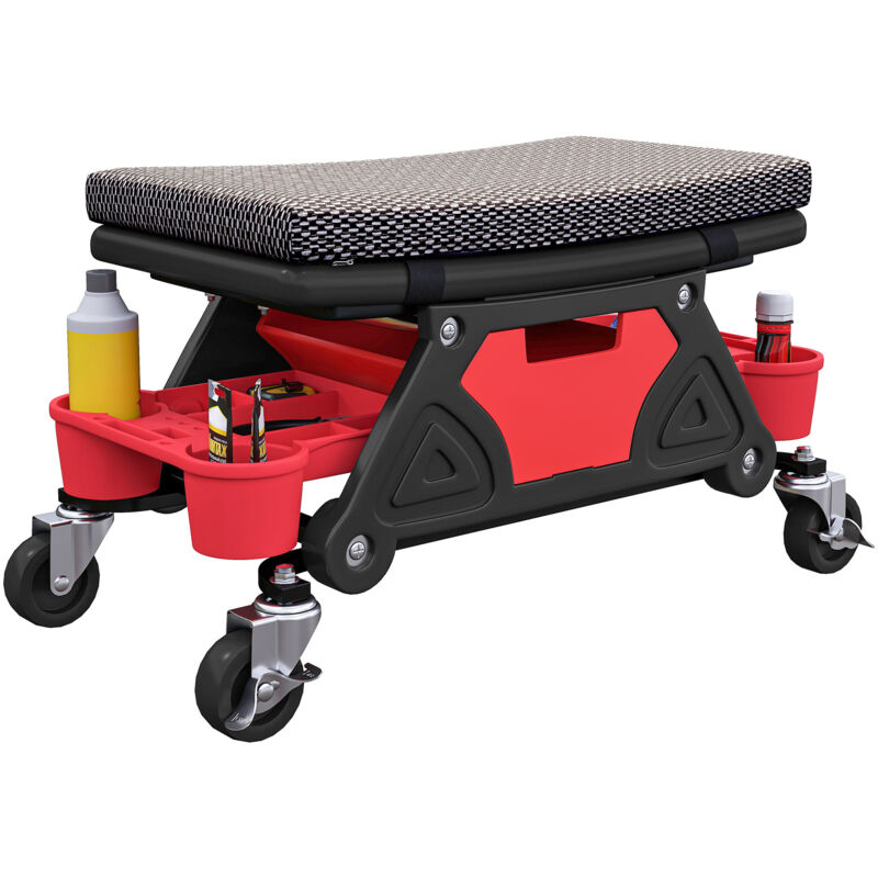 Tabouret d'atelier mobile - tabouret de mécanicien - coussin intégré, 3 plateaux outils - noir rouge