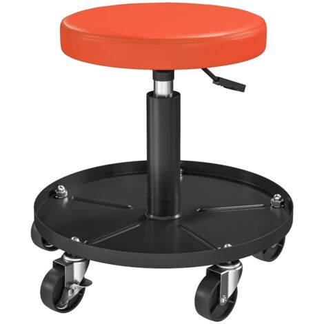 Tabouret d'atelier orange, réglable en hauteur 38-50cm, avec plateau de rangement et roulettes, pivotant Ø38cm, support jusqu'à 135kg.