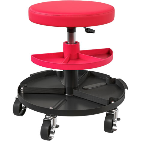 Tabouret d'atelier rouge à roulettes, plateau réglable en hauteur 40-51 cm, supporte jusqu'à 135 kg, avec tablettes de rangement