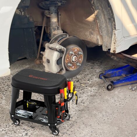 Tabouret d'Atelier Roulant avec Rangement Siège de Mécanicien Amovible avec Plateau d'Equipement Porte-outils Charge 136 kg Noir