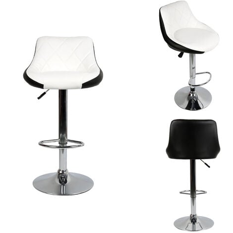 Tabouret de bar 2 *, chaise de cuisine moderne, avec dossier repose-pieds sans accoudoir en similicuir chromé design pivotant réglable en hauteur, blanc-noir