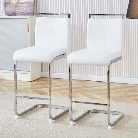 Tabouret de bar 2x-design nordique-simili cuir blanc-pied métal argenté-hauteur totale-39x51,3x96,5cm