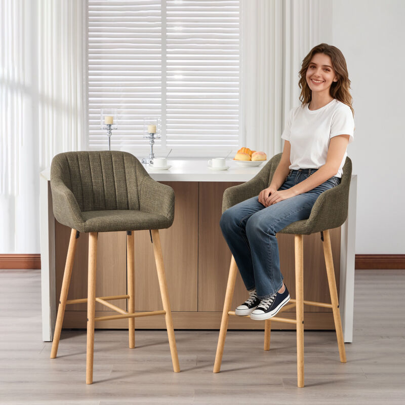 Tabouret de bar 58.5 x 55 x 104 cm - Lot de 2 tabourets de bar modernes avec dossier haut et accoudoirs - Style Nordique pour Cuisine et Îlot - Lin