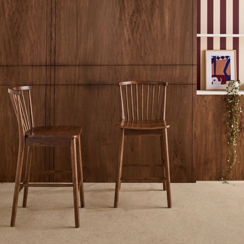 Lot de 2 tabourets de bar à barreaux bois d'hévéa et contreplaqué noyer - 48 x 58 x 98.5 cm - Paula