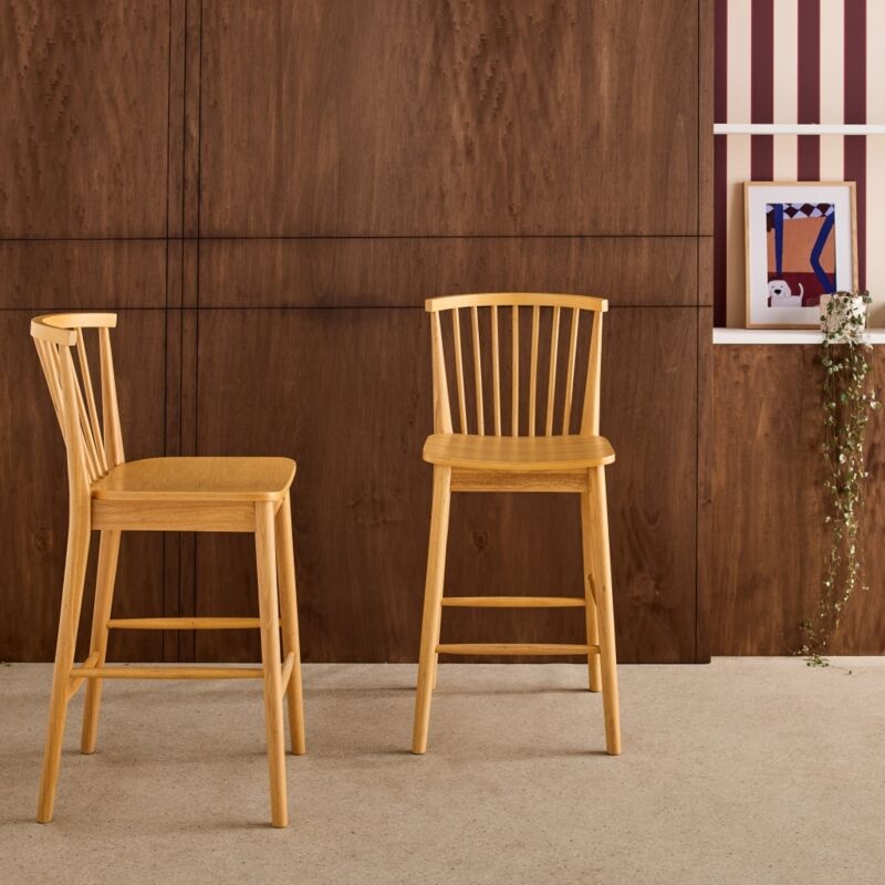 Lot de 2 tabourets de bar à barreaux bois d'hévéa et contreplaqué naturel - 48 x 58 x 98.5 cm - Paula