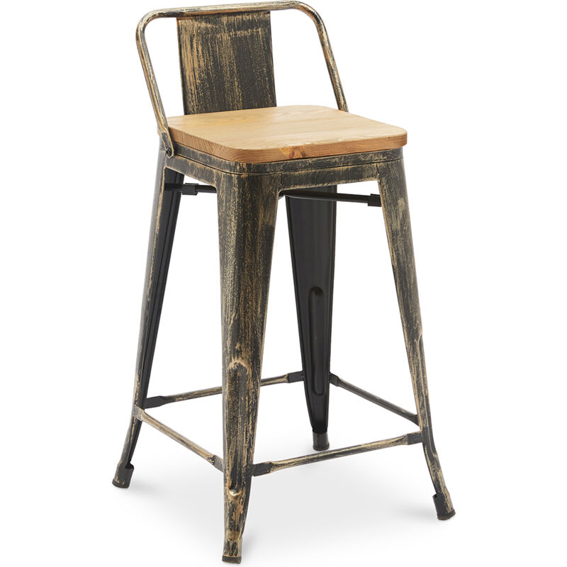 Privatefloor - Tabouret de bar avec dossier - Design industriel - Bois et acier - 60cm - Nouvelle édition - Stylix Bronze métallisé