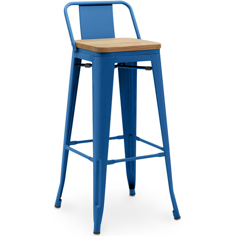 Industrial Style - Tabouret de bar avec dossier - Design industriel - Bois et acier - 76cm - Nouvelle édition - Stylix Bleu foncé
