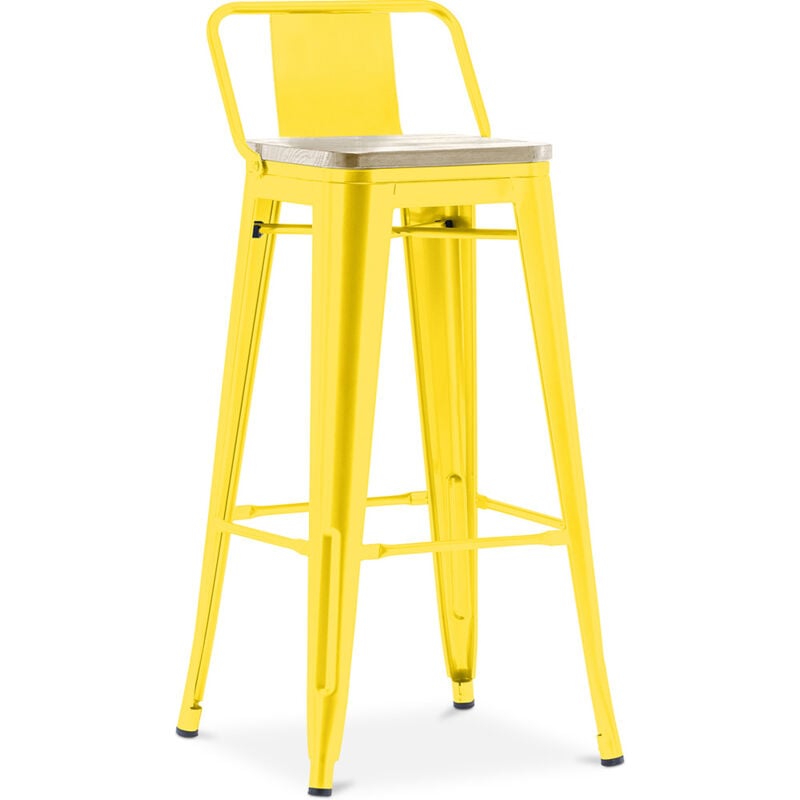Industrial Style - Tabouret de bar avec dossier - Design industriel - Bois et acier - 76cm - Nouvelle édition - Stylix Jaune