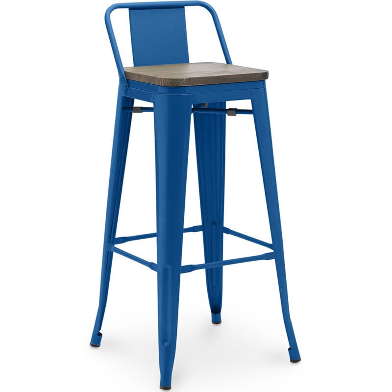 Privatefloor - Tabouret de Bar - Design Industriel - Bois et Acier - 76cm - Stylix Bleu foncé