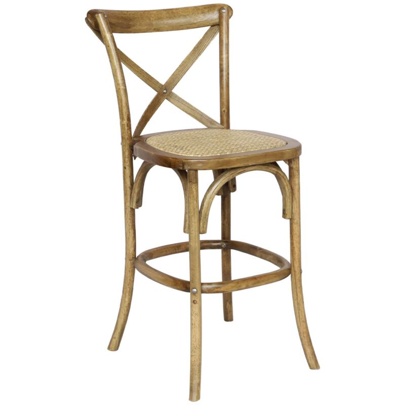 Tabouret de bar bistrot vintage en bois marron vieilli avec repose-pieds