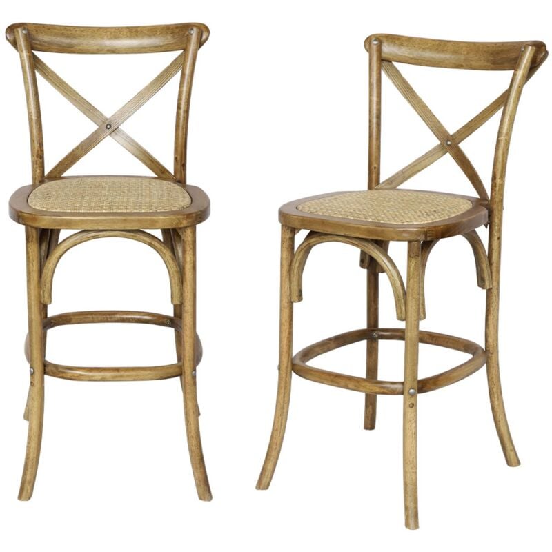 Lot de 2 tabourets de bar bistrot vintage en bois marron vieilli avec repose-pieds