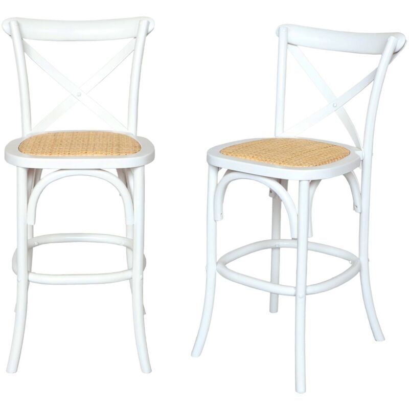 Sweeek - Lot de 2 tabourets de bar bistrot vintage en bois blanc avec repose-pieds