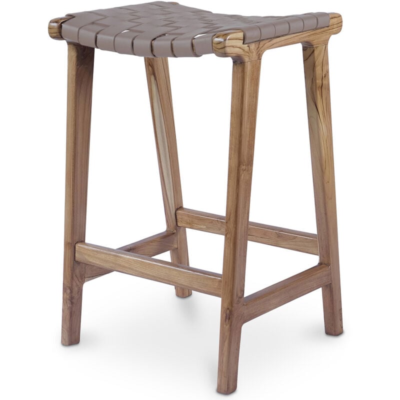 Privatefloor - Tabouret en bois - Design Boho Bali - Cuir - Recia Marron