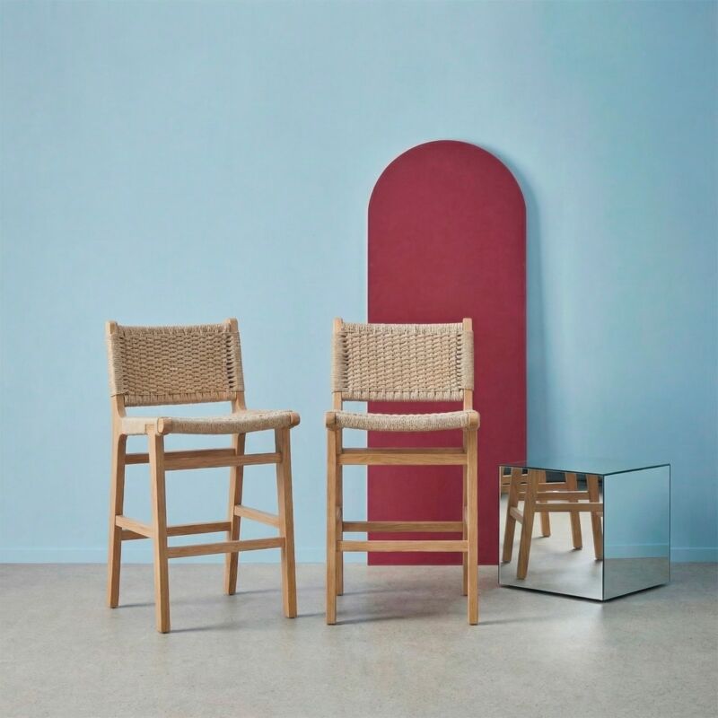 Lot de 2 tabourets de bar en bois d'hévéa et assise en cordes Naturel / Beige