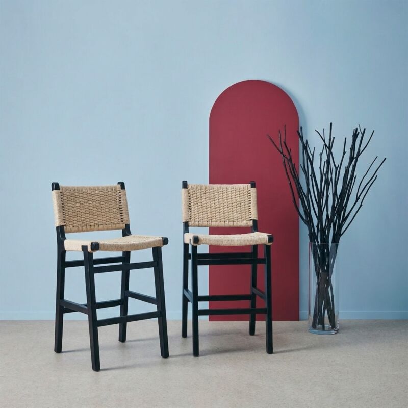 Lot de 2 tabourets de bar en bois d'hévéa et assise en cordes Noir / Beige