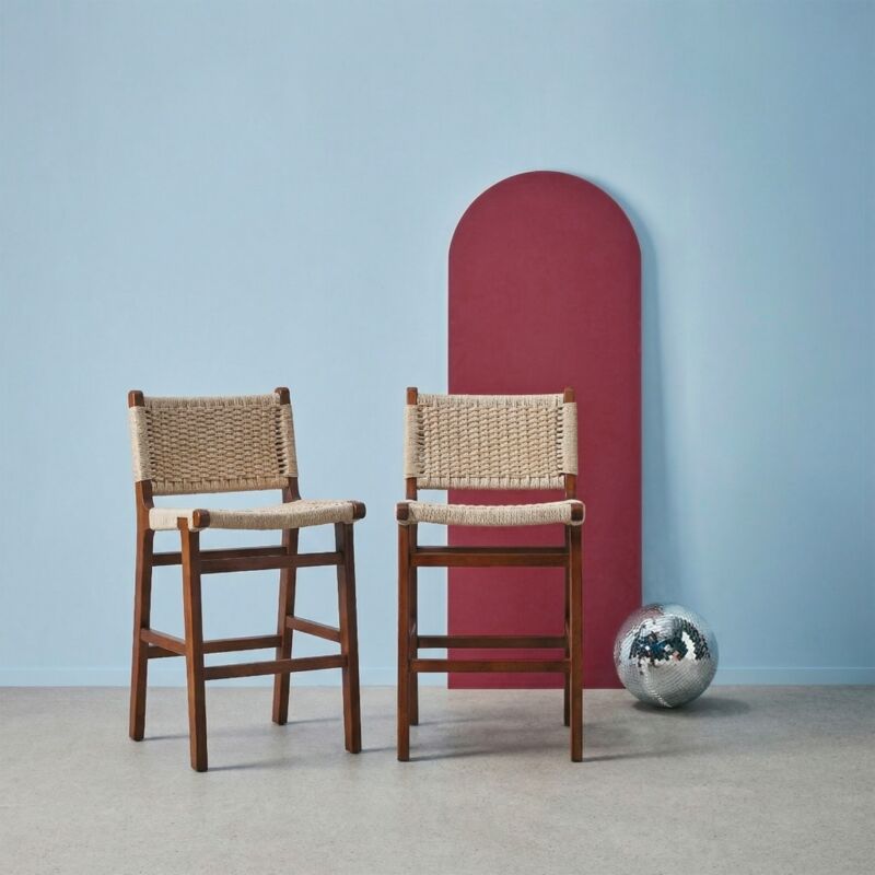 Lot de 2 tabourets de bar en bois d'hévéa et assise en cordes Effet Noyer / Beige