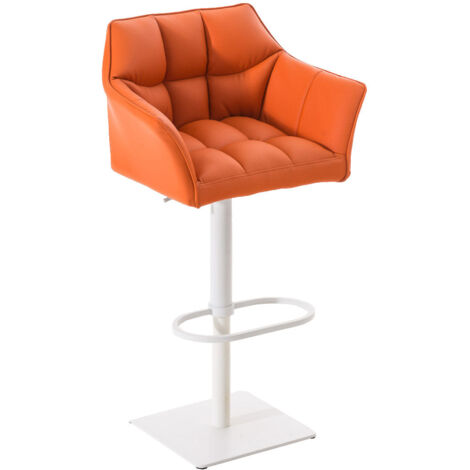 Tabouret de bar chaise haute de comptoir couture carrées assise en PVC orange cadre en métal blanc 100004739