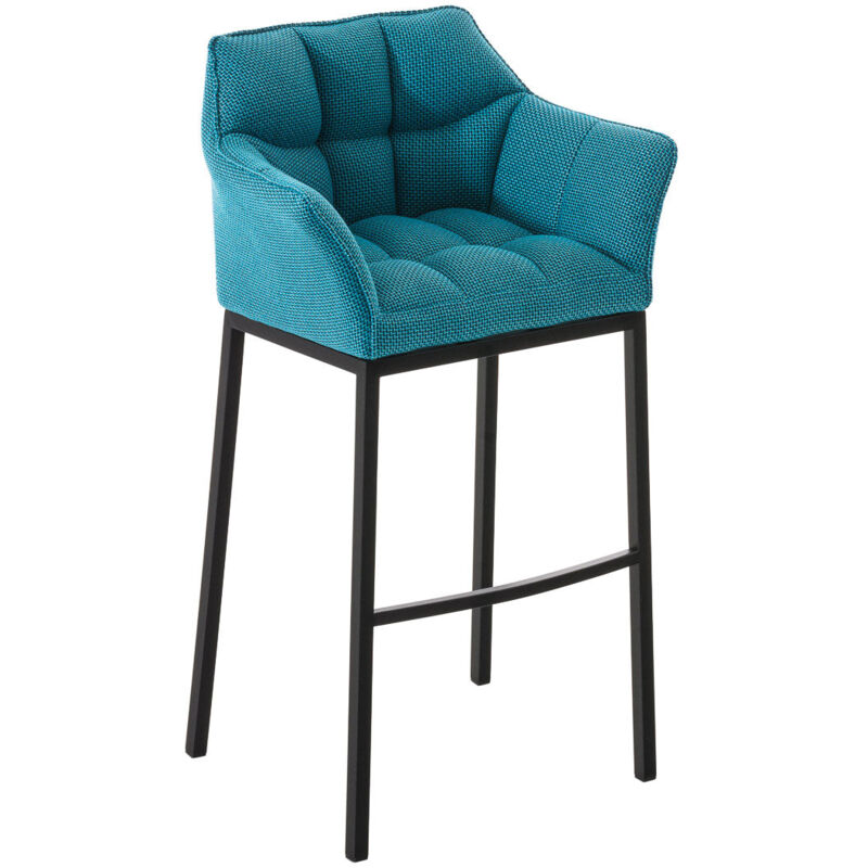 Tabouret de bar chaise haute de comptoir couture carrées assise en tissu turquoise 4 pieds stables en métal noir 100004707