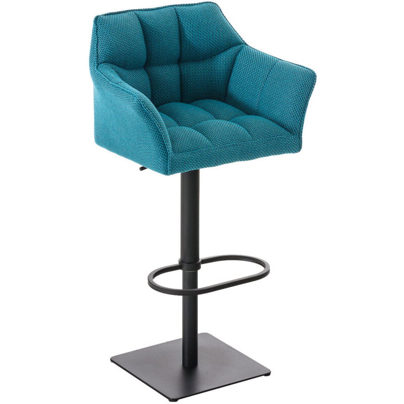 Décoshop26 - Tabouret de bar chaise haute de comptoir couture carrées assise en tissu turquoise cadre en métal noir 100004700