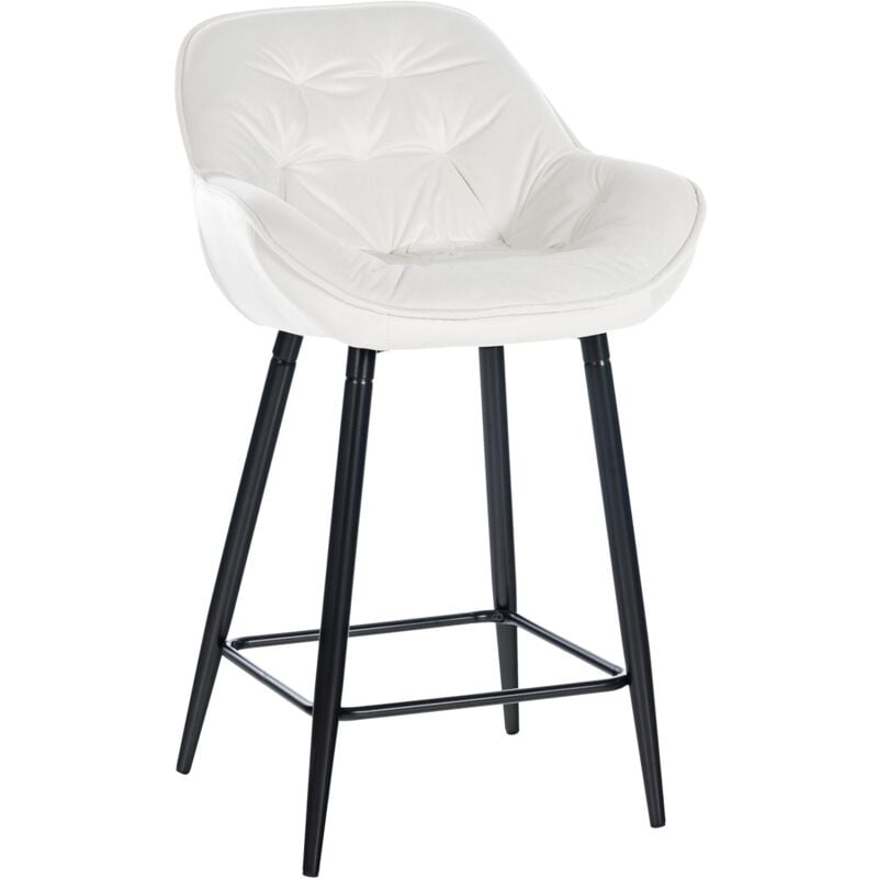 Tabouret de bar chaise haute x1 assise effet capitonnée en velours blanc crème et métal noir 100004884