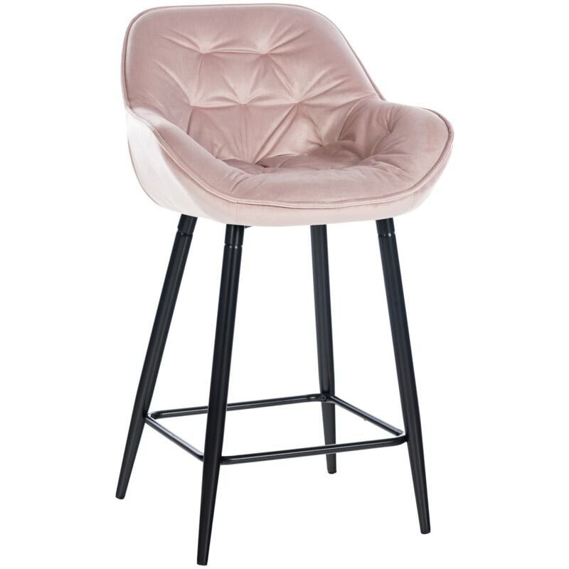 Tabouret de bar chaise haute x1 assise effet capitonnée en velours rose et métal noir 100004889