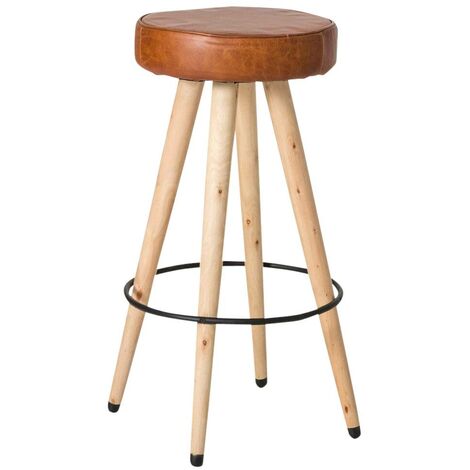 Tabouret de bar cuir marron repose pied cercle métal