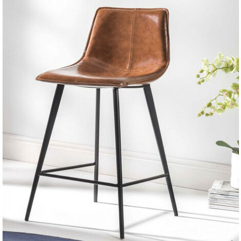 Tabouret de bar cuir marron vieilli et 4 pieds métal noir Kinga-Hauteur d'assise 66 cm