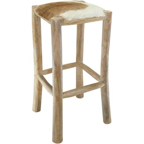 Vidaxl – Tabouret de bar en cuir de chèvre véritable – Cadre en teck solide – Siège rembourré 34 x 34 cm – Hauteur 76 cm – Poids max 110 kg