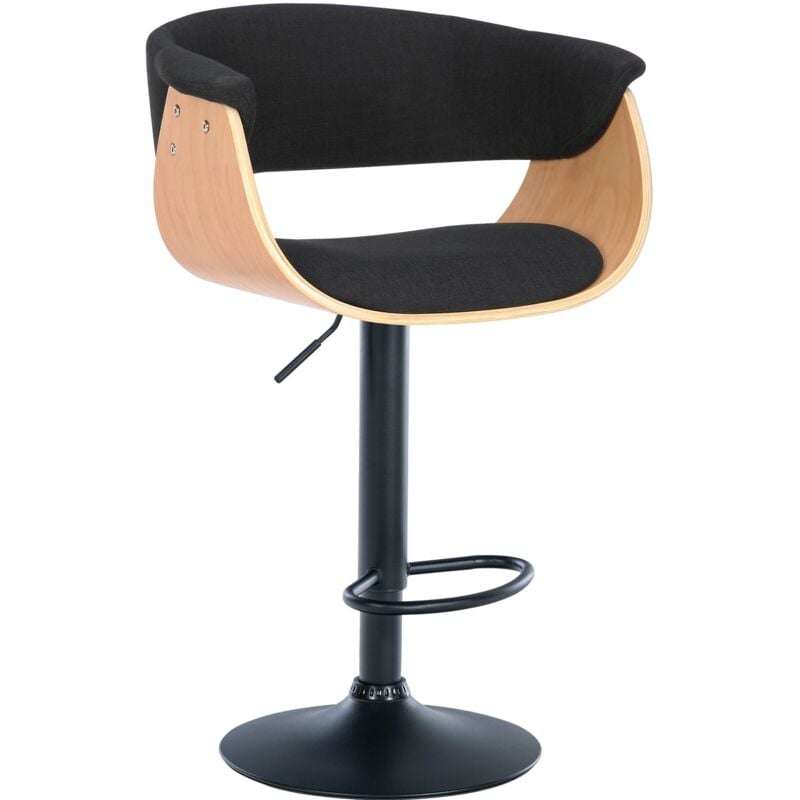 Tabouret de bar design moderne siège réglable en hauteur et pivotant en tissu noir coque en bois et métal noir 100005454