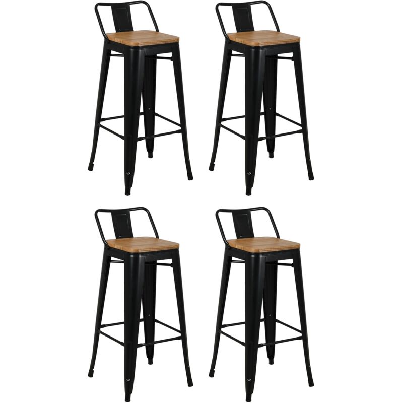 Aubry Gaspard - Tabouret de bar en métal laqué et bois d'orme huilé (Lot de 4)