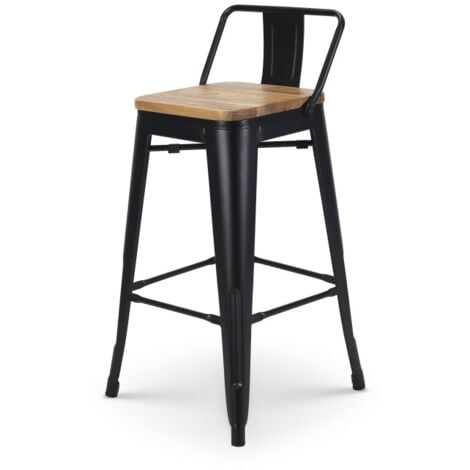KOSMI Tabouret de bar en métal noir mat style industriel avec dossier et assise en bois clair - Hauteur 66cm