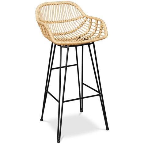 Tabouret de bar en rotin avec accoudoirs - Style Boho Bali - 75cm - Many Marron clair