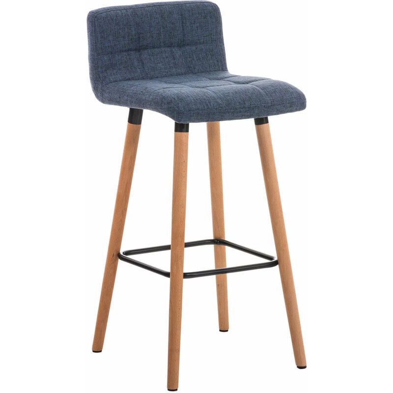 Tabouret de bar en tissu bleu coutures décoratives pieds en bois avec repose-pieds