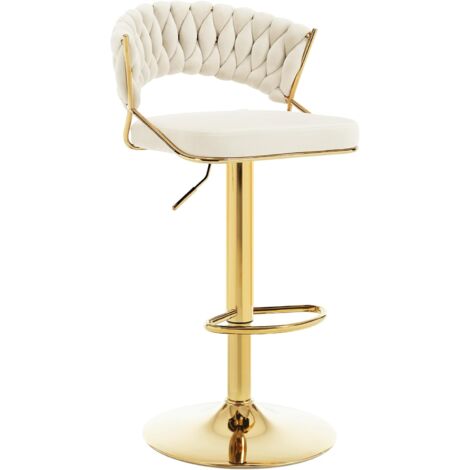 Tabouret de Bar en Velours et Métal WOLTU, Tabouret Pivotant avec Dossier Tissé et Repose-Pieds, Hauteur Réglable, Crème