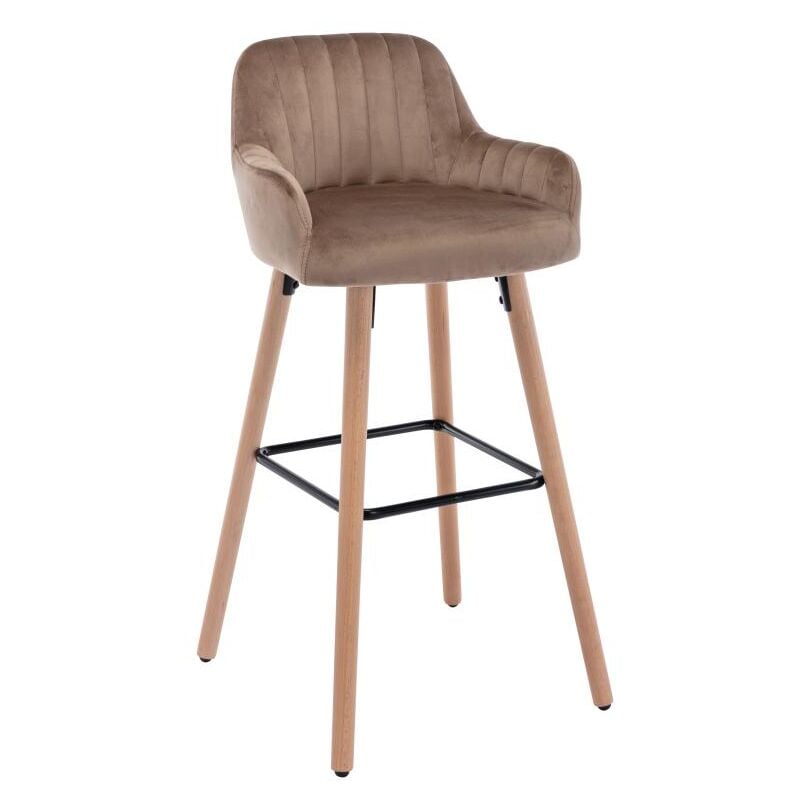 Vente-unique - Tabouret de bar en velours et pieds bois de hêtre - Beige - eleana