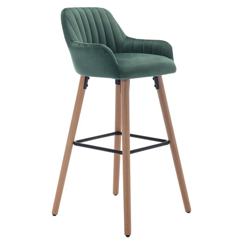 Vente-unique - Tabouret de bar en velours et pieds bois de hêtre - Vert foncé - eleana