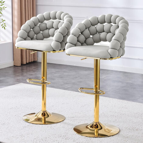 Tabouret de bar en velours Lot de 2 - dossier en chaîne à boules, support réglable en plaqué or, gris clair