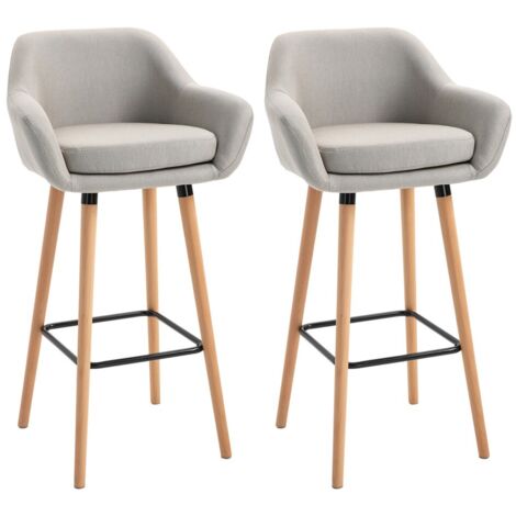 Tabouret de bar ensemble de 2 avec assise en lin et repose-pieds intégré - Structure en hêtre solide et coussin confortable - Design bistro intemporel couleur beige pour cuisine