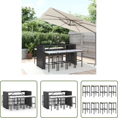 Tabouret de bar -  Ensemble de bar de jardin 9 pcs avec coussins noir poly rotin