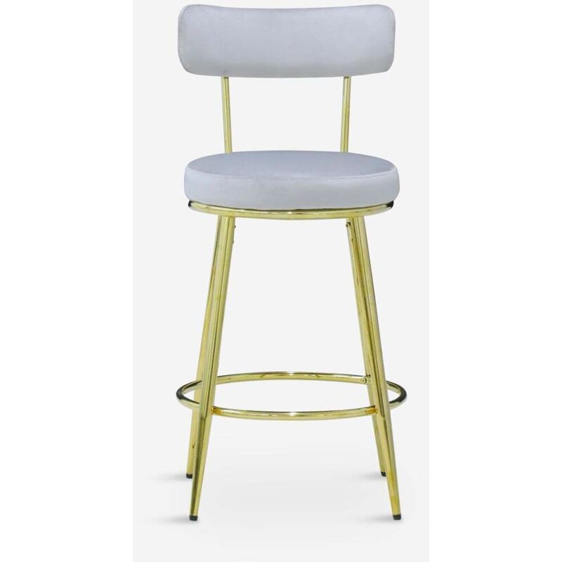 Tabouret de bar et cuisine en velours avec dossier pieds dorés Kraven - Gris Tabouret de bar et cuisine en velours avec dossier pieds dorés Kraven - Gris