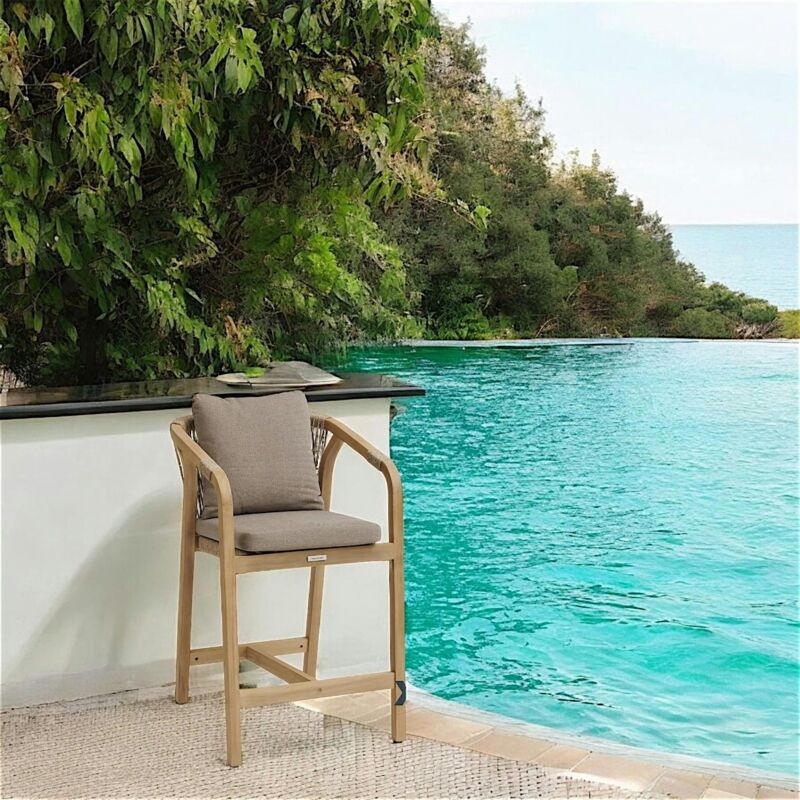 Pier Import - Tabouret de bar exterieur bois d'acacia et tissu taupe (lot de 2) ibiza