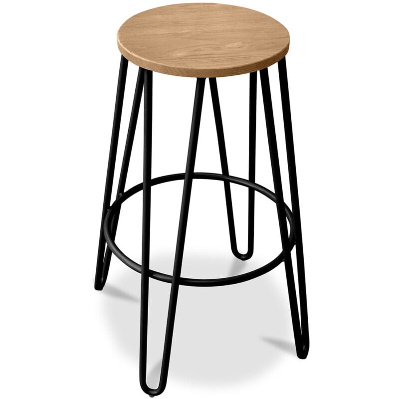 Privatefloor - Tabouret rond - Design industriel - Bois et métal - 66cm - Hairpin Noir