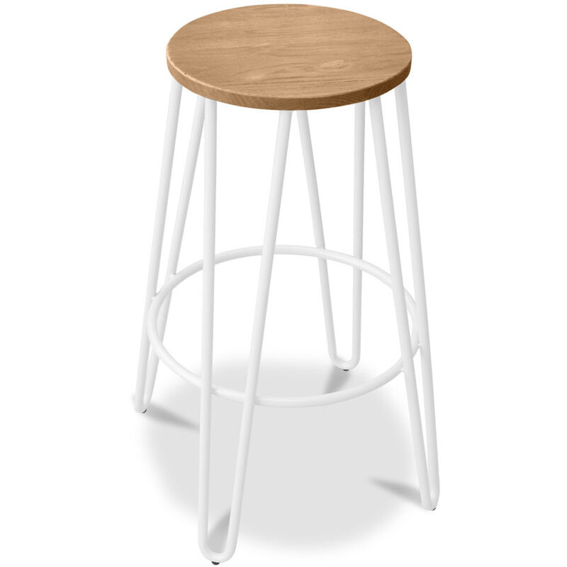 Privatefloor - Tabouret rond - Design industriel - Bois et métal - 66cm - Hairpin Blanc